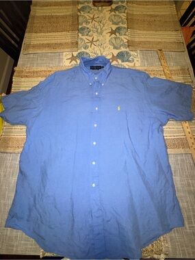 Ralph Lauren Men's Linen Shirt, Blue, Short-Sleeve, Button-Up, Classic Fit, XL
